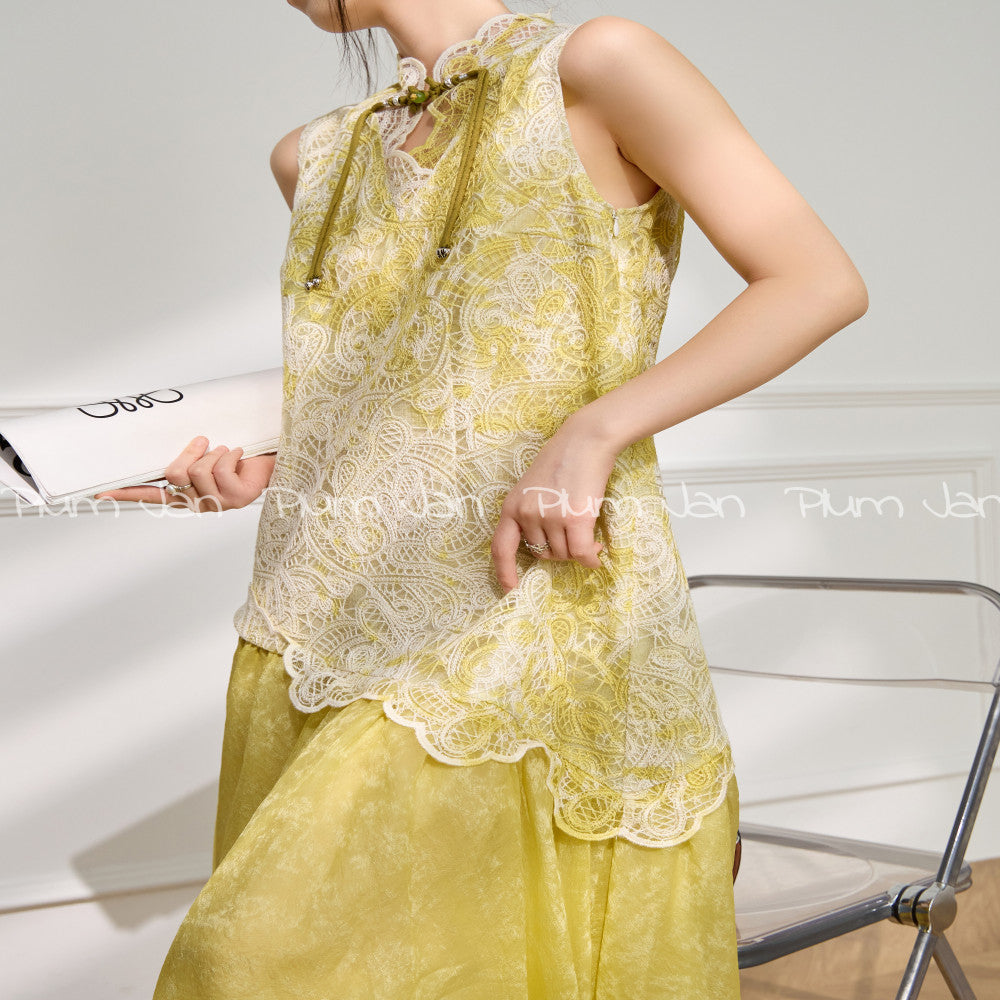 Plum Jan 2025 Summer New Chinese style buttoned sleeveless cheongsam dress summer high end layered stunning long skirt image 2