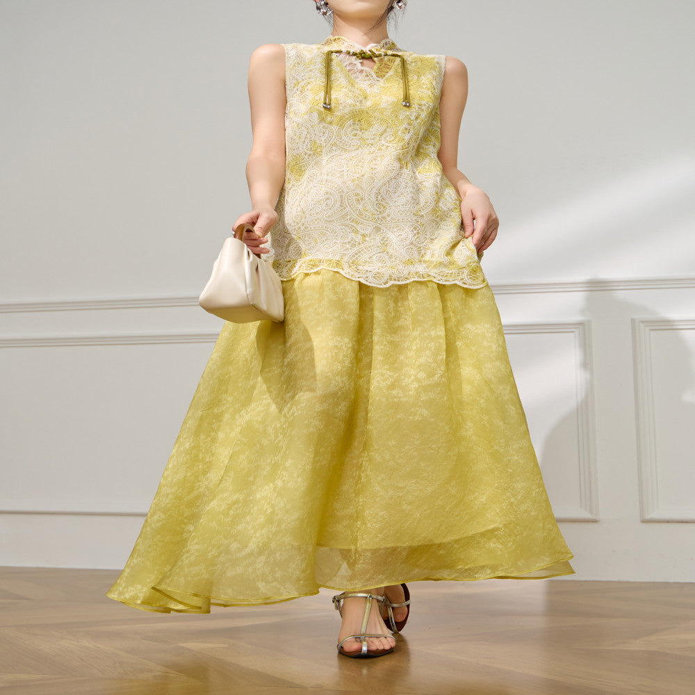 Plum Jan 2025 Summer New Chinese style buttoned sleeveless cheongsam dress summer high end layered stunning long skirt image 5