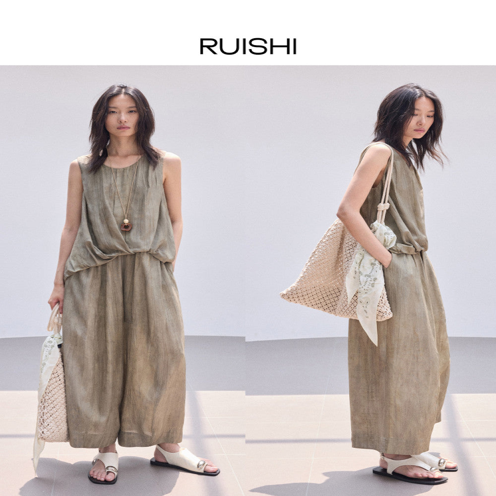 RUISHI 100 person silk sand washing process three dimensional pleated sleeveless top balloon pants set women s summer image 2