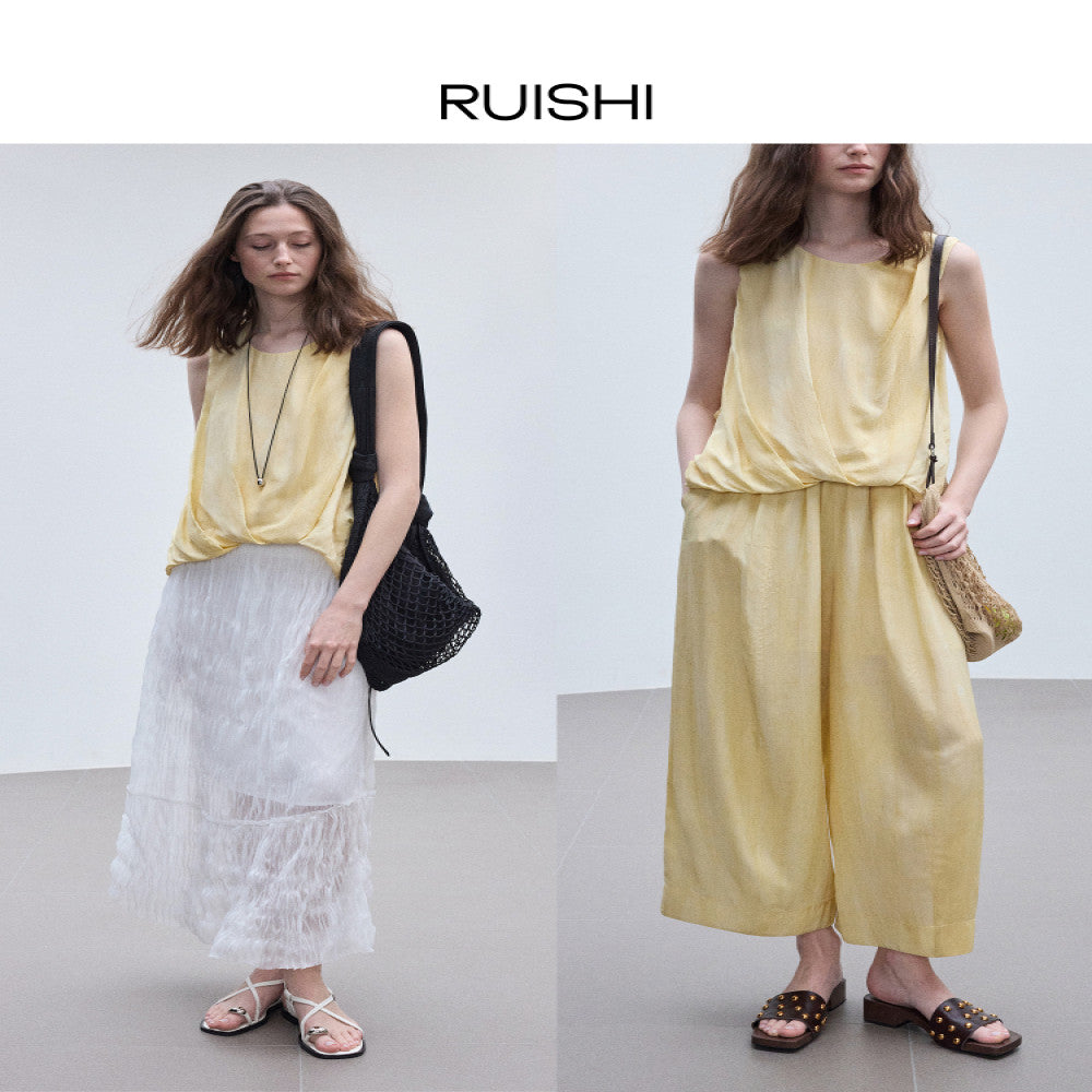 RUISHI 100 person silk sand washing process three dimensional pleated sleeveless top balloon pants set women s summer image 3