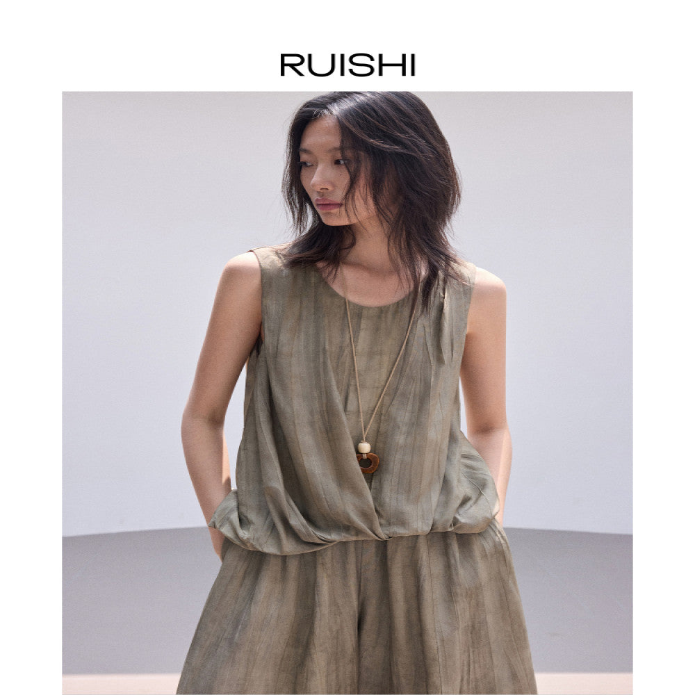 RUISHI 100 person silk sand washing process three dimensional pleated sleeveless top balloon pants set women s summer image 4