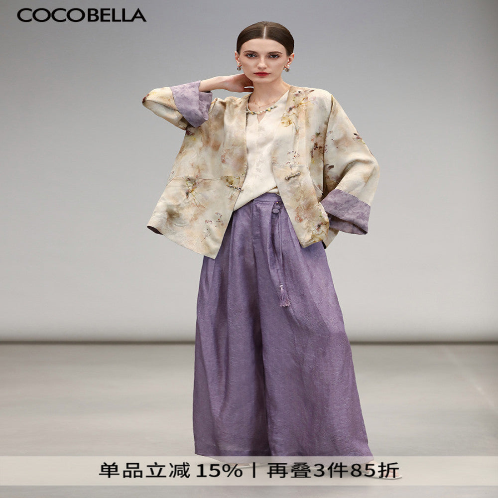 COCOBELLA Chinese style auspicious cloud purple hollow jacquard wide leg pants comfortable lyocell casual pants PA3038 image 1