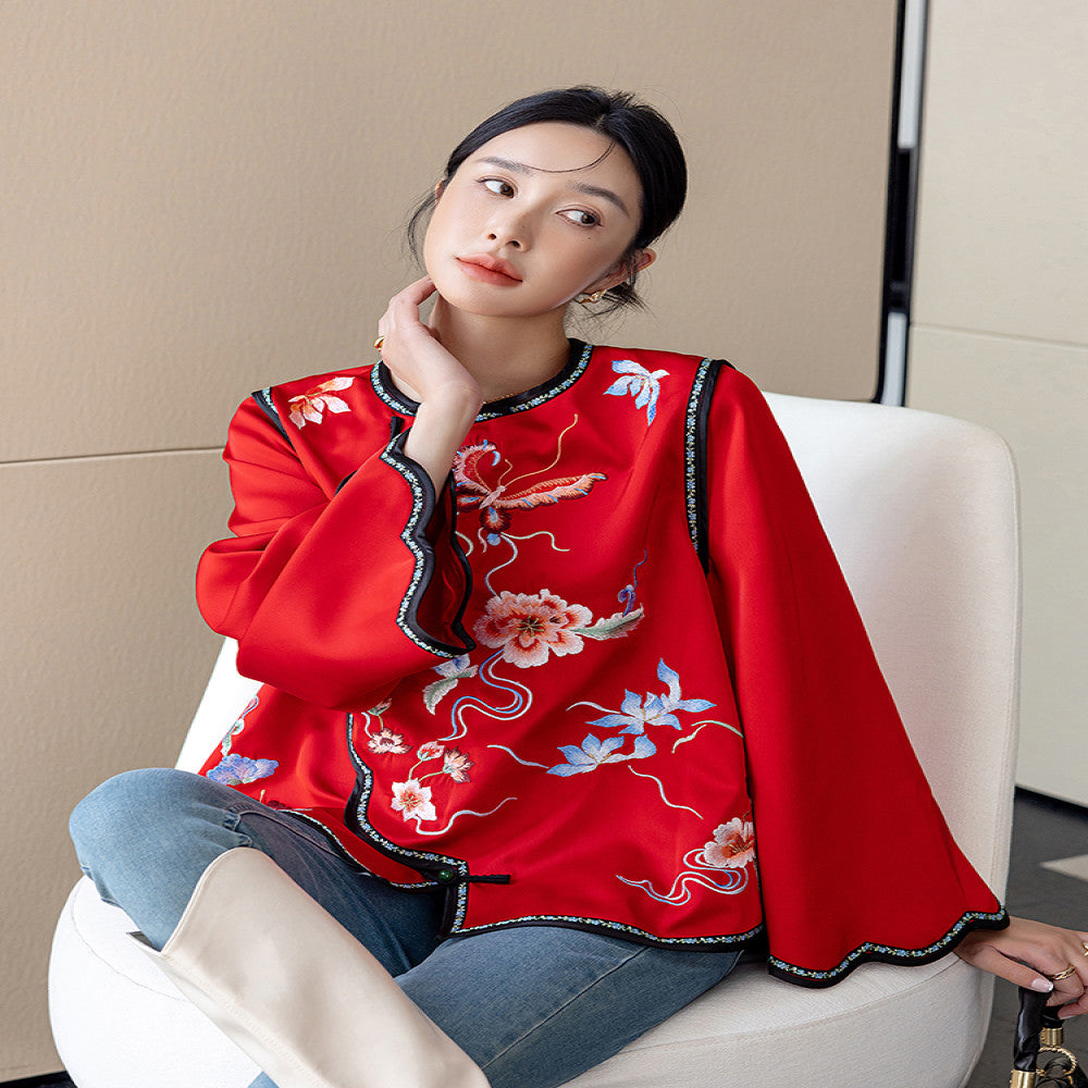 Red China Chic New Chinese Embroidery Acetic Acid Top Women s New Year Celebration Dress Small Guochao Panbuckle Coat Autumn image 24