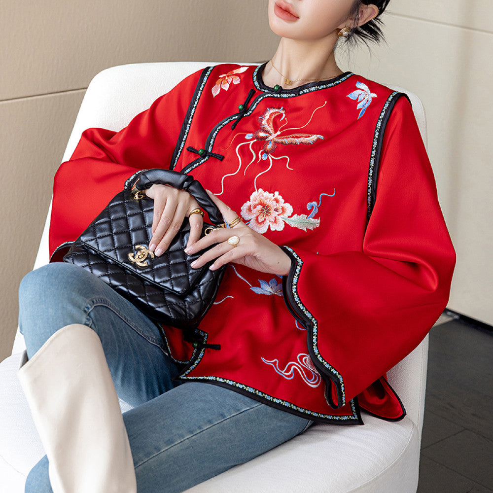 Red China Chic New Chinese Embroidery Acetic Acid Top Women s New Year Celebration Dress Small Guochao Panbuckle Coat Autumn image 30