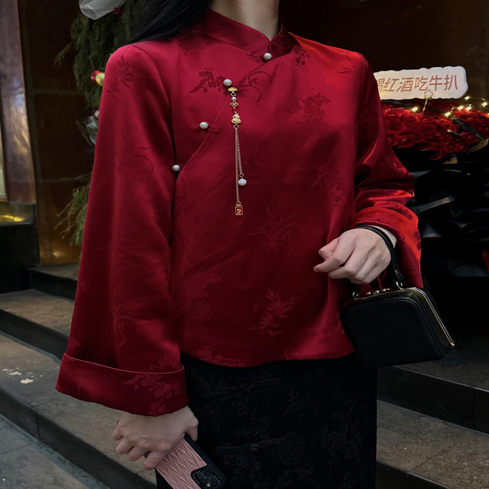 Red acetate jacquard Chinese style tops for women original design fashionable national trend retro improved new Chinese style buttoned shirt image 1