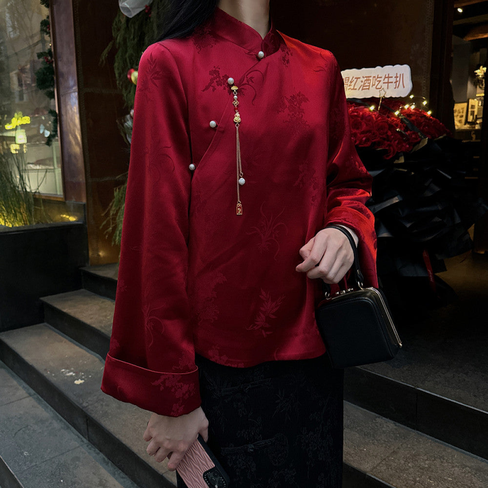 Red acetate jacquard Chinese style tops for women original design fashionable national trend retro improved new Chinese style buttoned shirt image 8