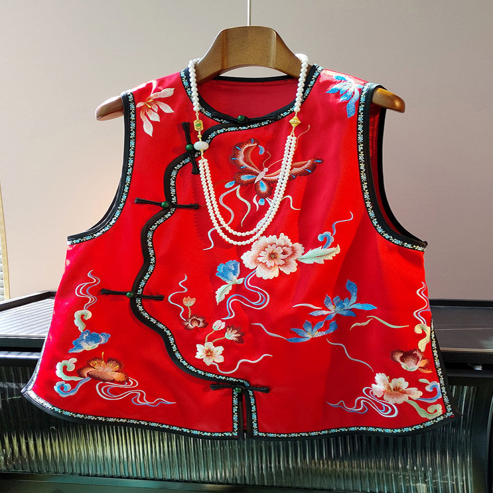 New Chinese style red acetate vest for women in autumn with a sense of luxury retro slanted collar Chinese style and buckle top image 1