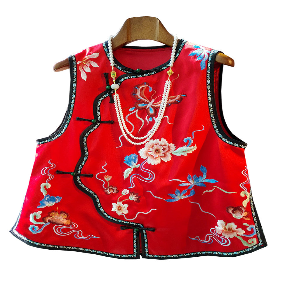 New Chinese style red acetate vest for women in autumn with a sense of luxury retro slanted collar Chinese style and buckle top image 5