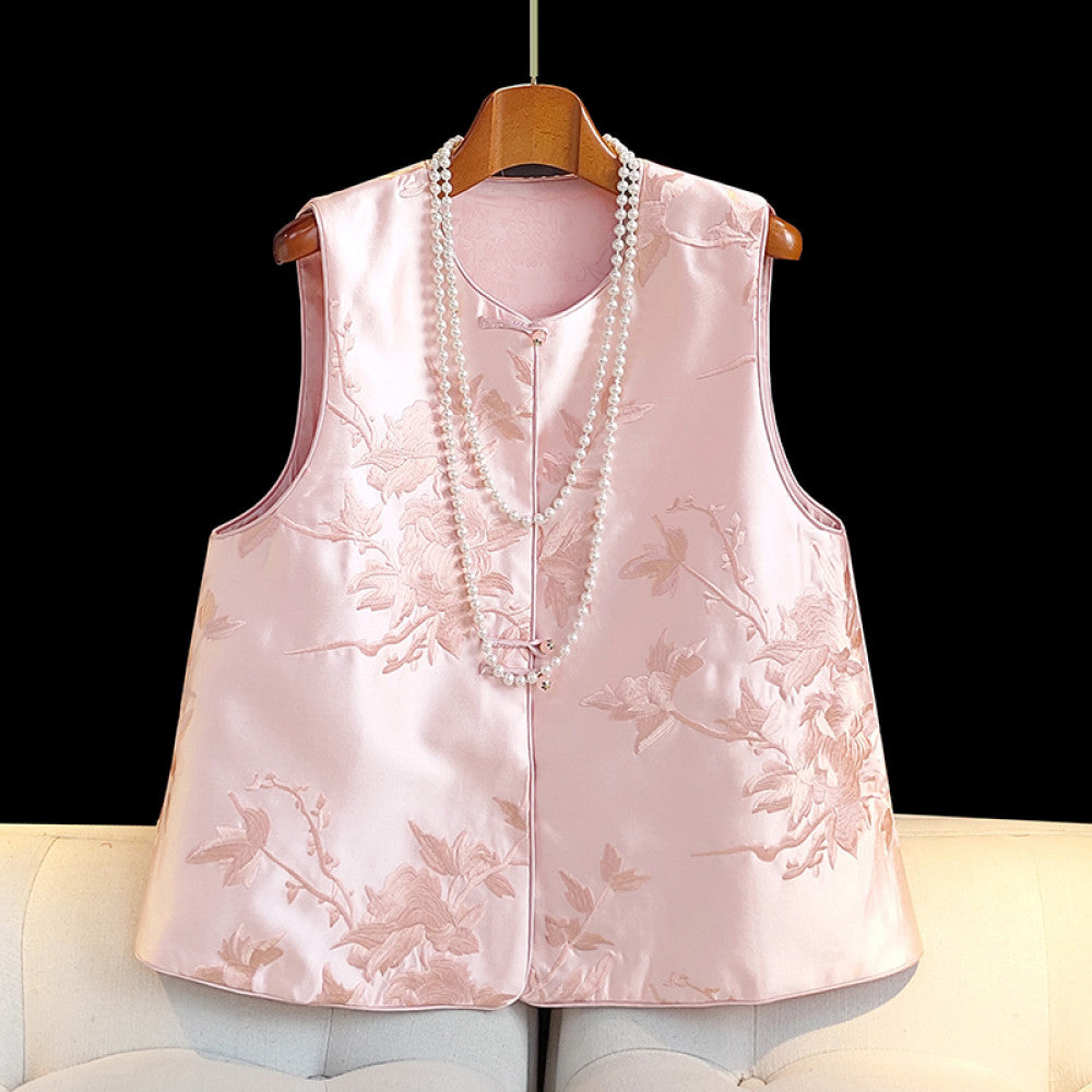 Red new Chinese style vest for women in spring short and small retro embroidered light Chinese style button top image 8