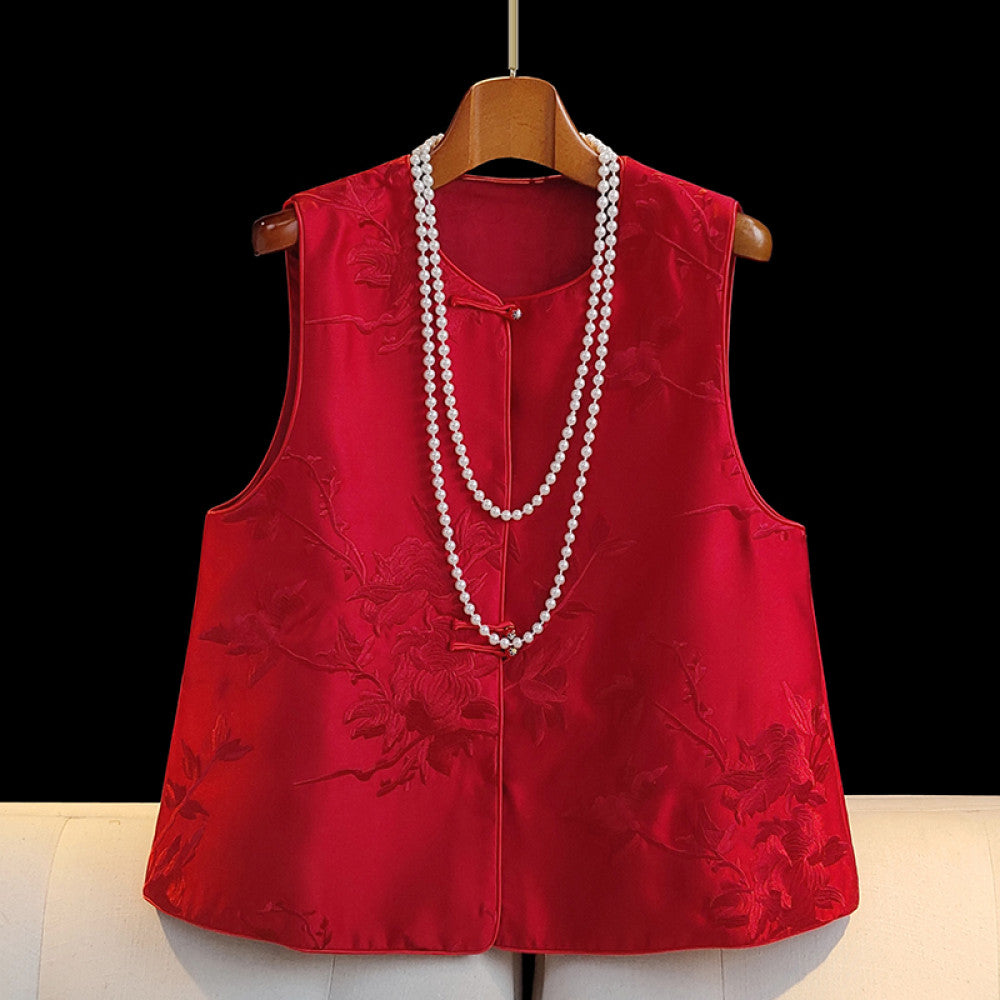 Red new Chinese style vest for women in spring short and small retro embroidered light Chinese style button top image 17