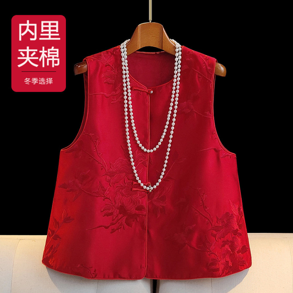 Red new Chinese style vest for women in spring short and small retro embroidered light Chinese style button top image 40