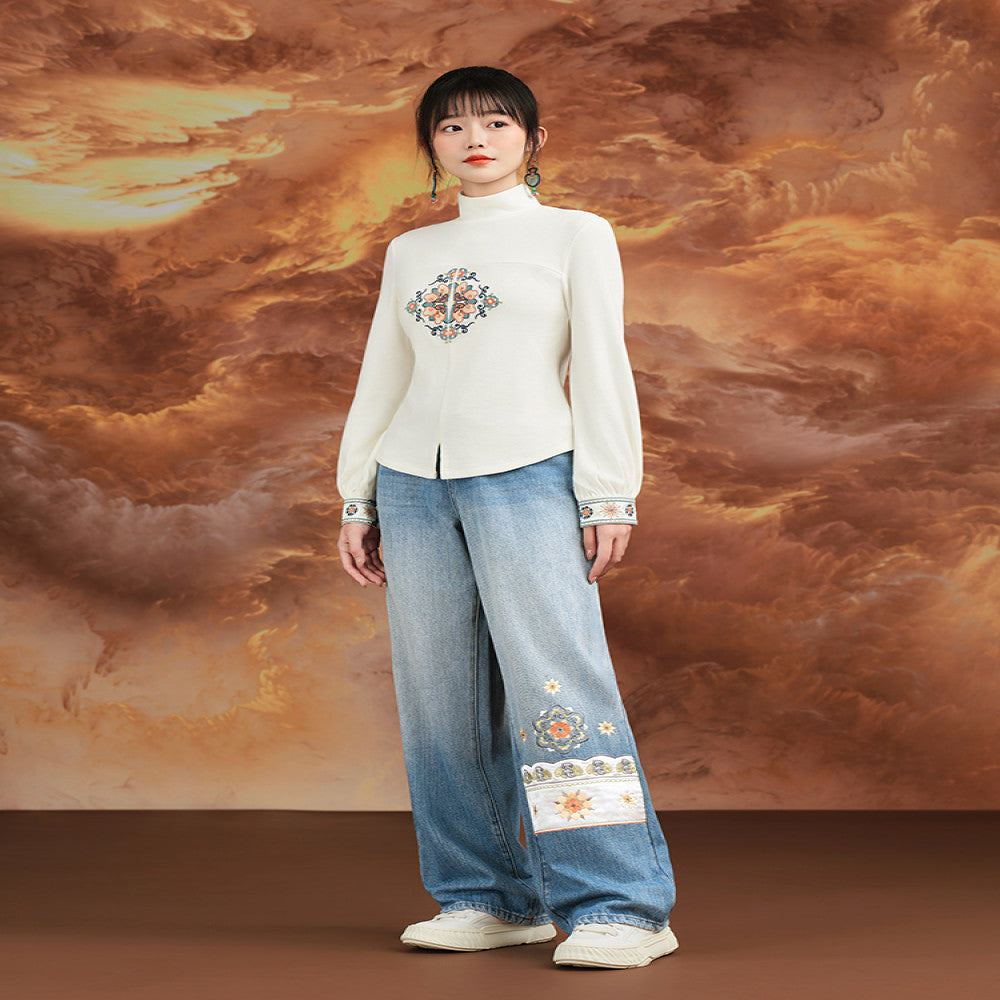 Su Luo Dreaming of the Silk Road Ancient Golden Road original ethnic style embroidered winter velvet straight denim trousers image 1