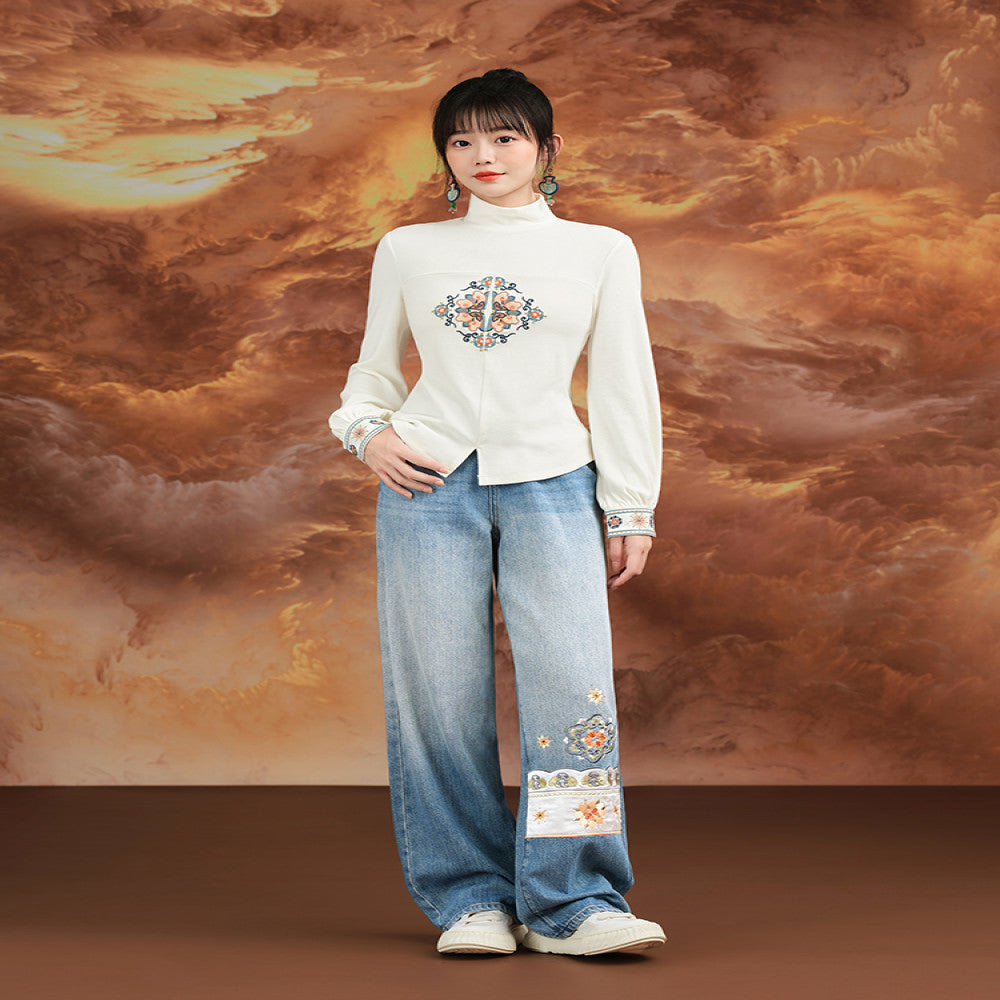 Su Luo Dreaming of the Silk Road Ancient Golden Road original ethnic style embroidered winter velvet straight denim trousers image 2