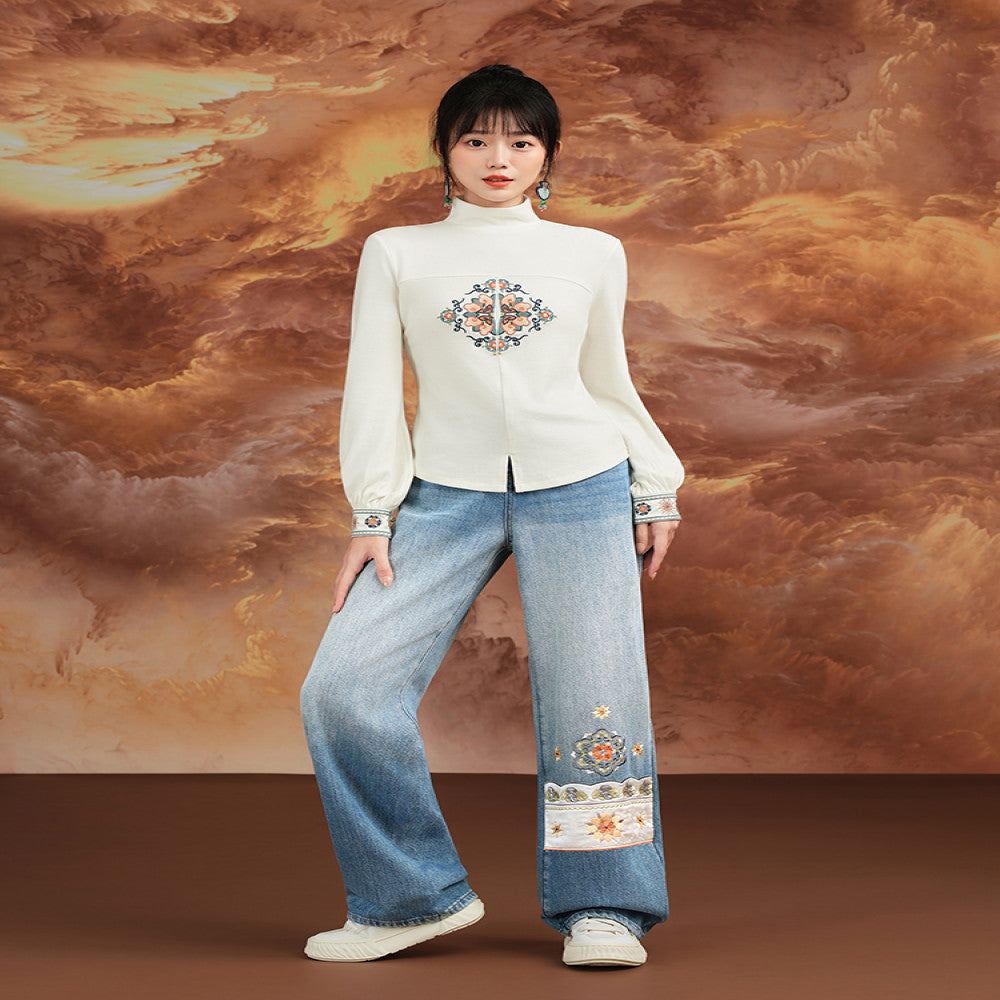 Su Luo Dreaming of the Silk Road Ancient Golden Road original ethnic style embroidered winter velvet straight denim trousers image 3