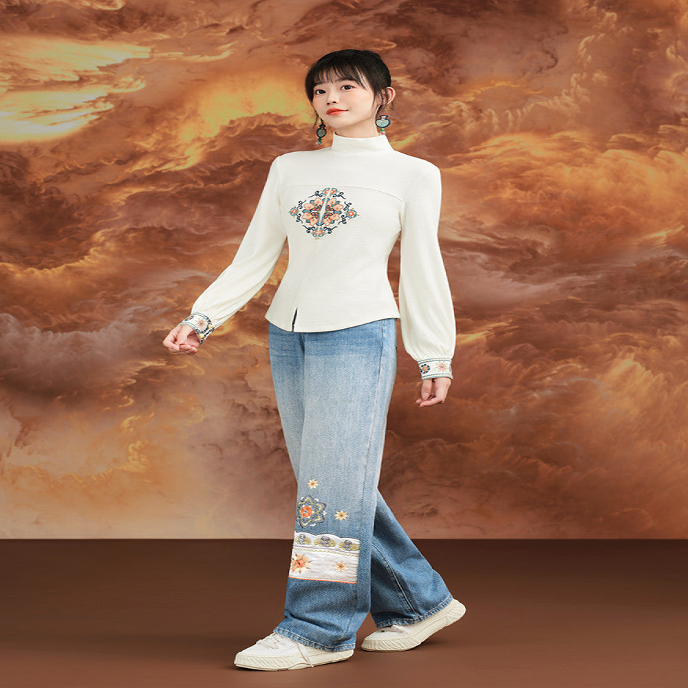 Su Luo Dreaming of the Silk Road Ancient Golden Road original ethnic style embroidered winter velvet straight denim trousers image 4