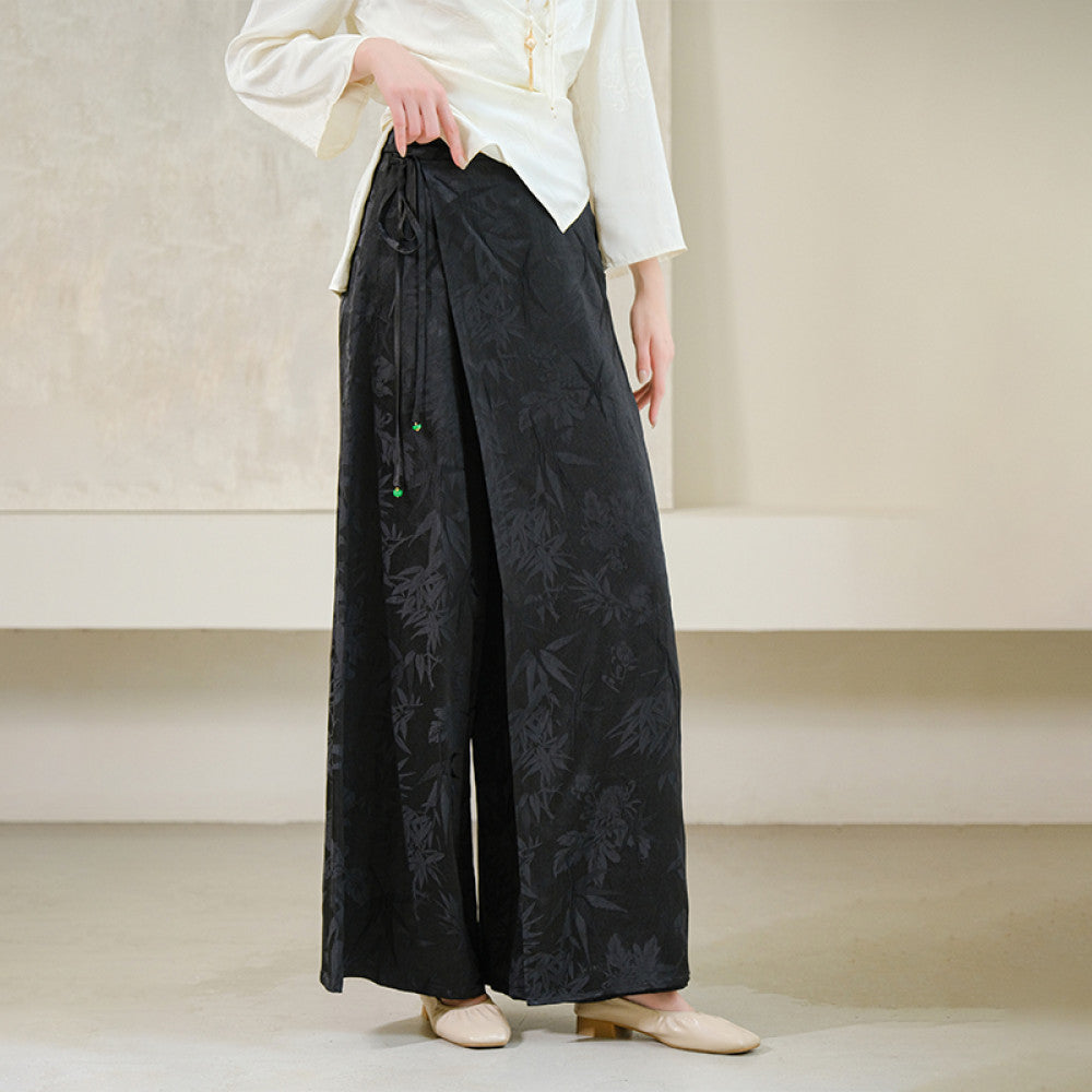 Shanyousei original homemade Zen new Chinese bamboo leaf skirt pants black versatile wide leg pants loose slim pants image 12
