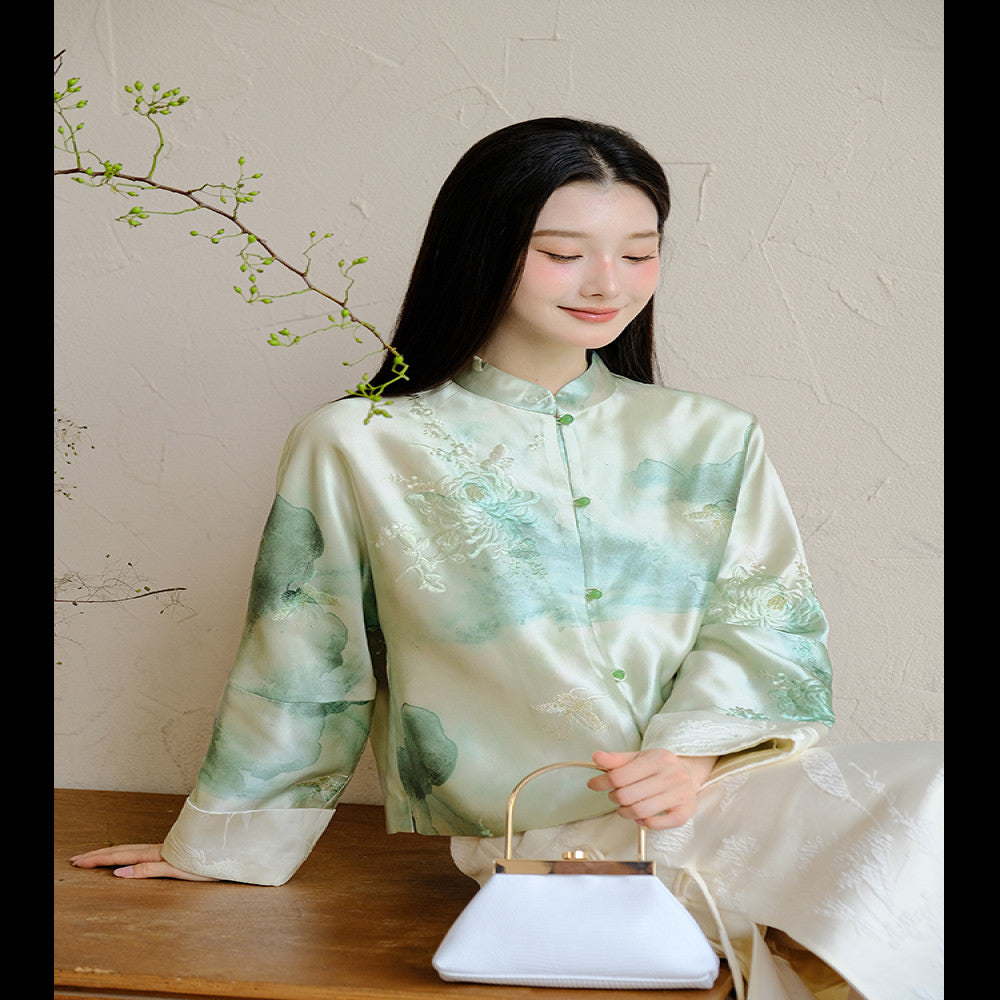 Shanyouse 2025 autumn new style new Chinese style chrysanthemum embroidery watercolor print jacket loose simple top image 0