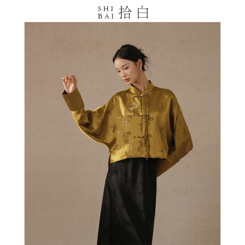 SHIBAI Shibai Plum Orchid Bamboo and Chrysanthemum New Chinese Style Jacket Autumn High end Acetate Jacquard Chinese Style Embroidery Button Top image 12