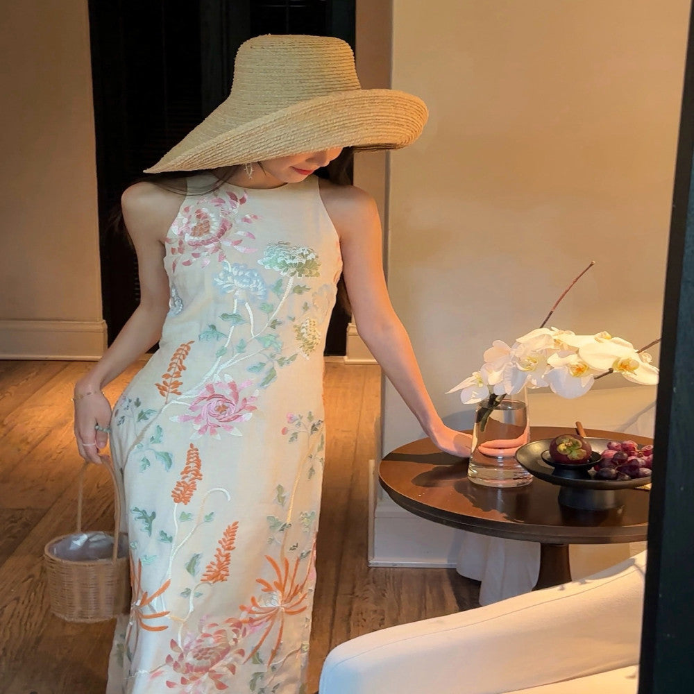 Thecoco linen embroidery old money style original halter neck dress vest suit female summer heavy industry temperament image 12