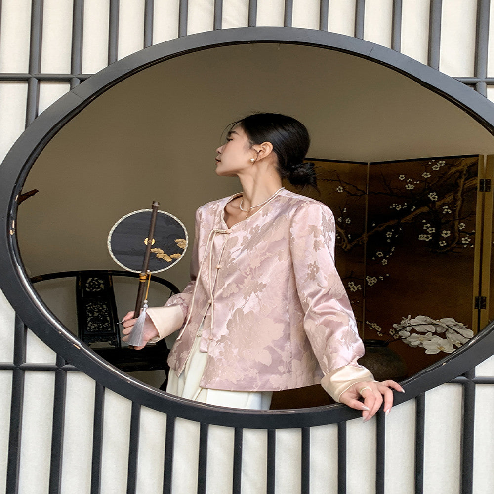JWUNIQUE dimple pink new Chinese style round neck coat for women in autumn 2025 casual temperament versatile top image 5