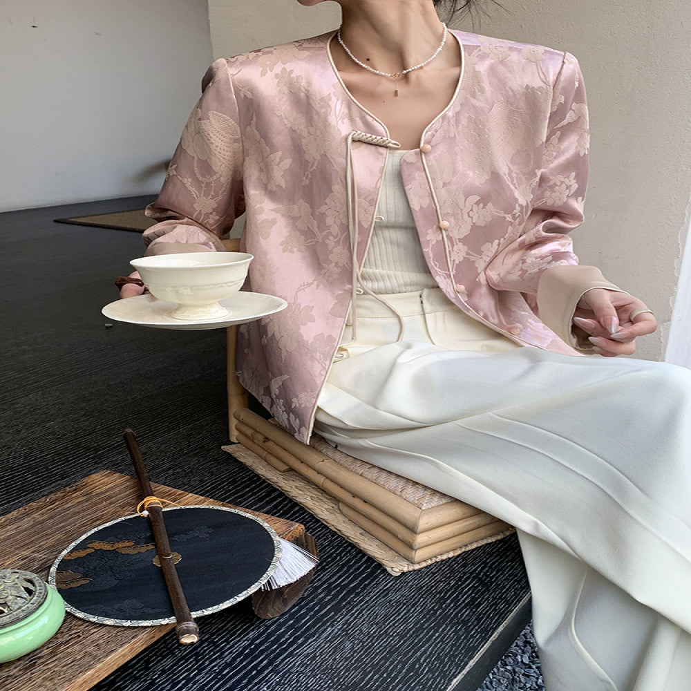JWUNIQUE dimple pink new Chinese style round neck coat for women in autumn 2025 casual temperament versatile top image 0