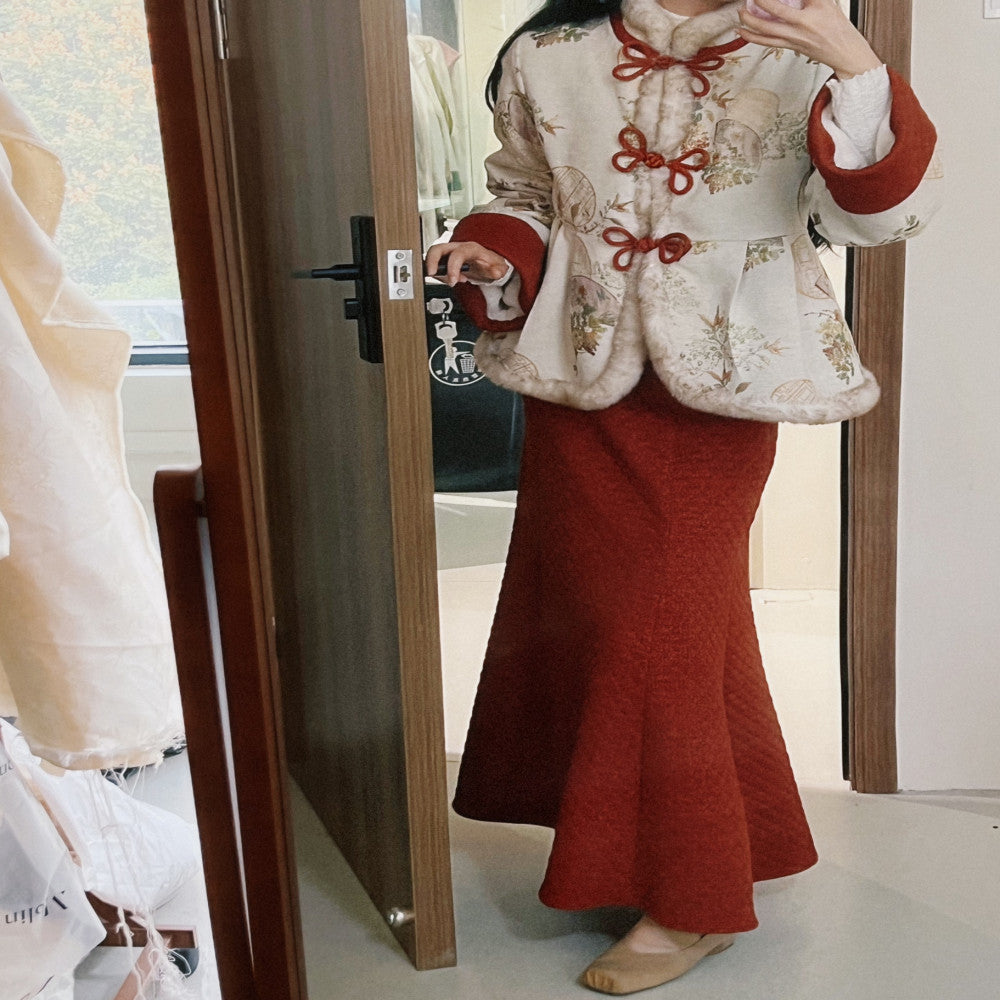 In the mountains there are Guizhi Wanfu er New Year s greetings National Wind and Snow Neil Cotton Jacket Gold Red Half Skirt image 20