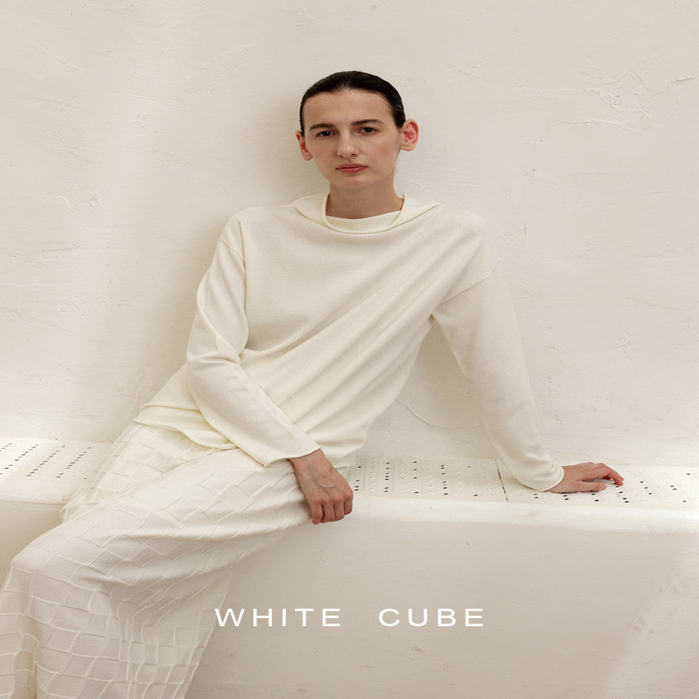 Whitecube Spring Lazy Style Simple Loose Wool Half High Collar Contour Curled Edge Knitted Sweater Top Women s Wear image 2