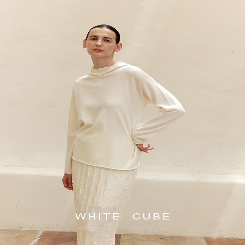 Whitecube Spring Lazy Style Simple Loose Wool Half High Collar Contour Curled Edge Knitted Sweater Top Women s Wear image 0