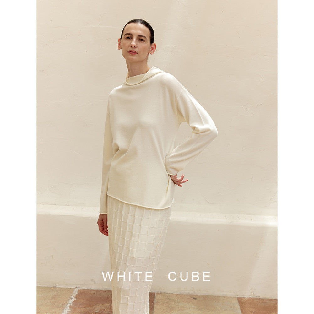 Whitecube Spring Lazy Style Simple Loose Wool Half High Collar Contour Curled Edge Knitted Sweater Top Women s Wear image 6