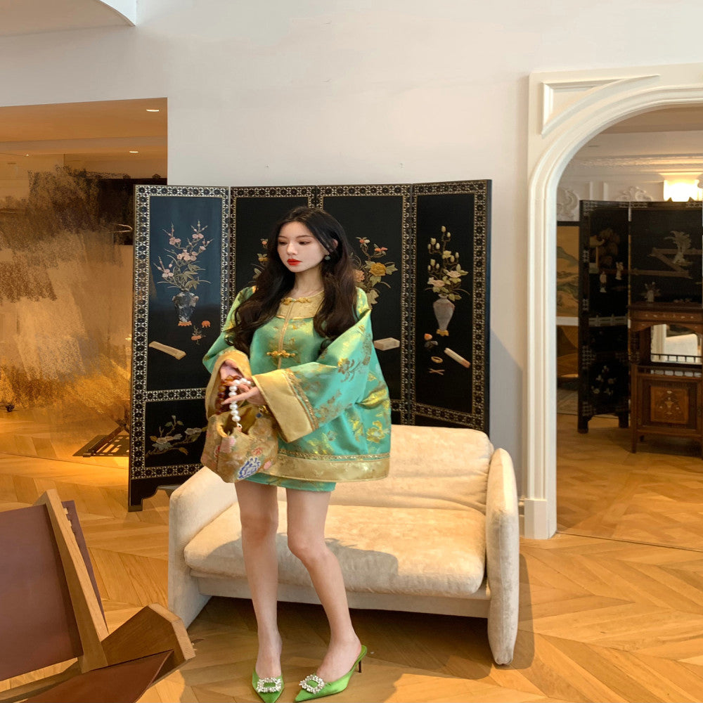 MOSS STUDIO Floating Green Gilded New Chinese Style Classical Aesthetics Contrast Color Splicing Jacquard Suit for Women image 3