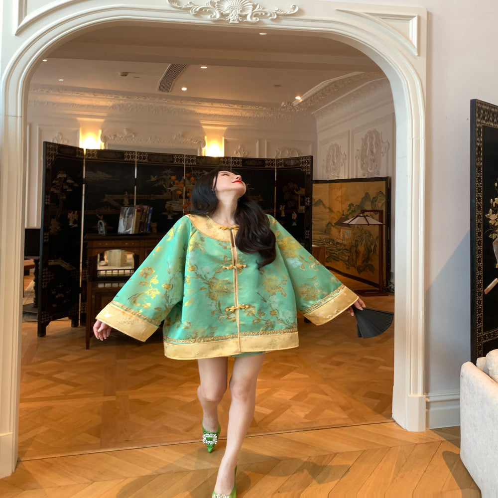 MOSS STUDIO Floating Green Gilded New Chinese Style Classical Aesthetics Contrast Color Splicing Jacquard Suit for Women image 5