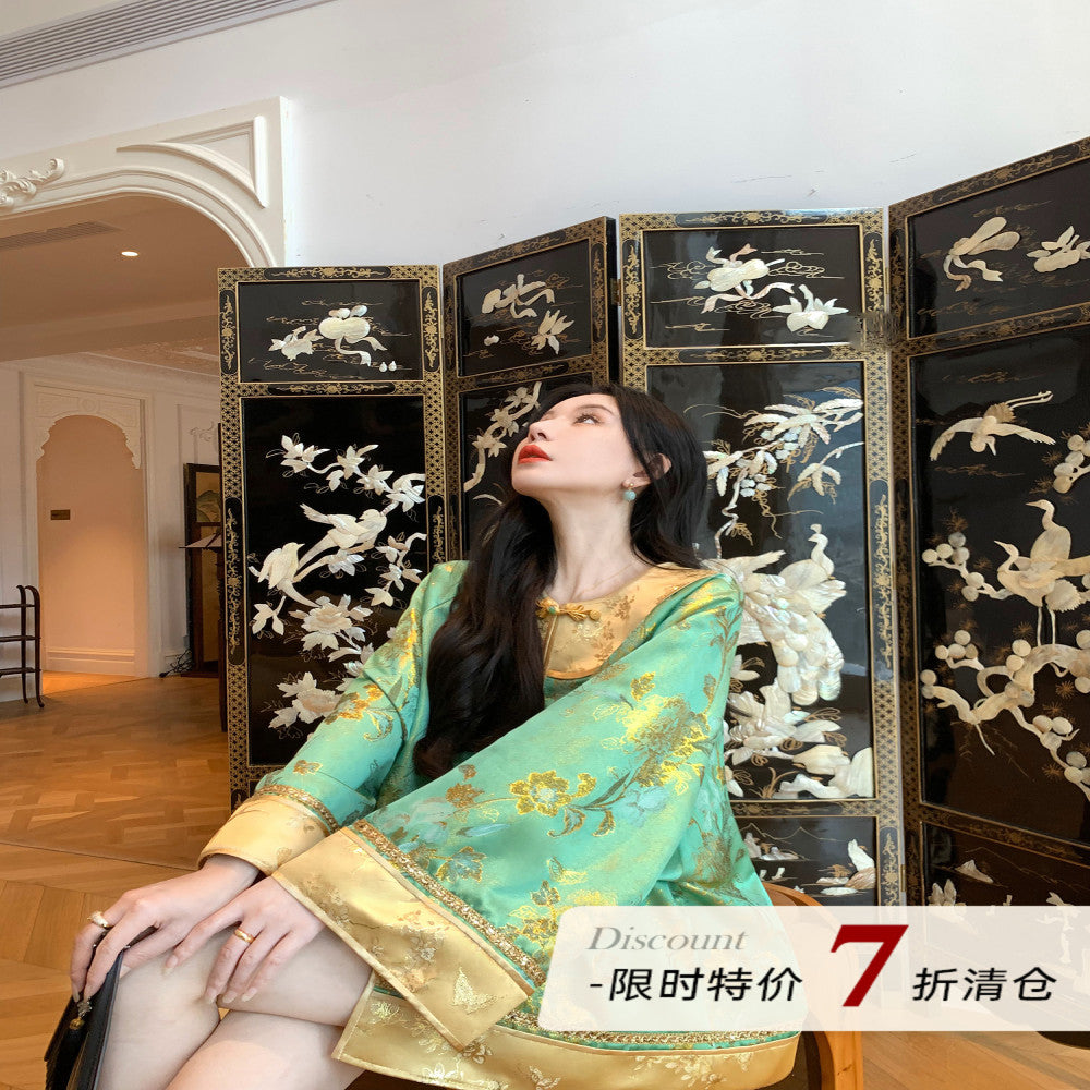 MOSS STUDIO Floating Green Gilded New Chinese Style Classical Aesthetics Contrast Color Splicing Jacquard Suit for Women image 0