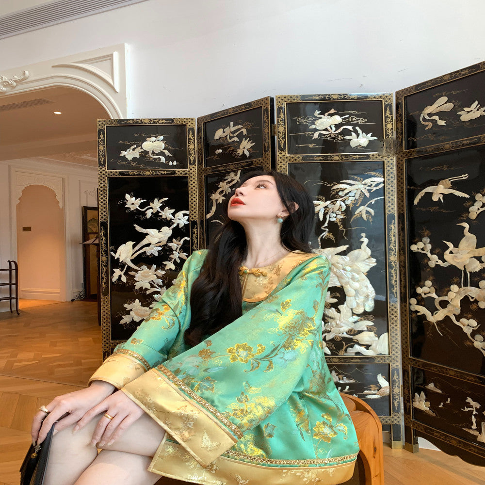 MOSS STUDIO Floating Green Gilded New Chinese Style Classical Aesthetics Contrast Color Splicing Jacquard Suit for Women image 8