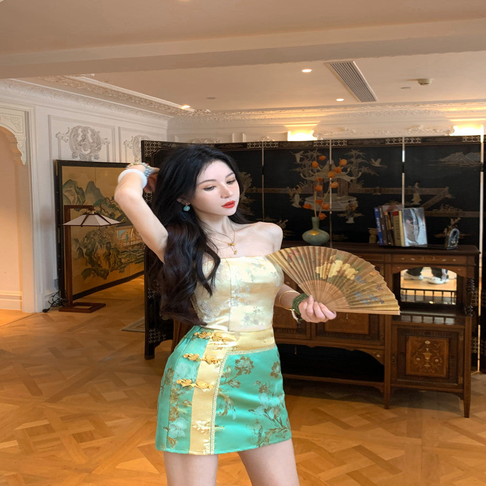 MOSS STUDIO Floating Green Gilded New Chinese Style Classical Aesthetics Contrast Color Splicing Jacquard Suit for Women image 16