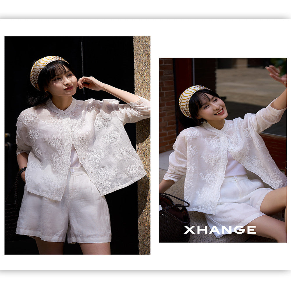 Xiaohan Pavilion Heavy relief pattern full ramie embroidery literary shirt female gentle temperament top spring and autumn image 2