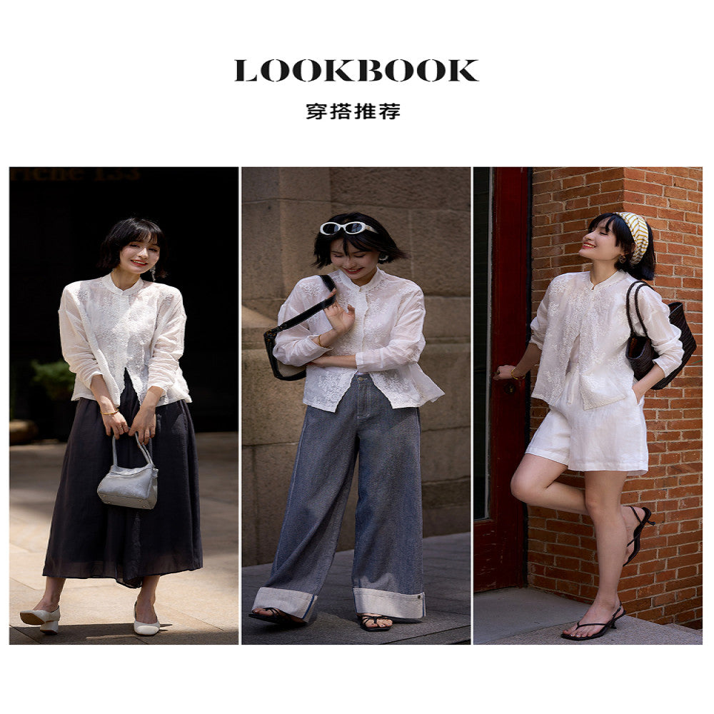 Xiaohan Pavilion Heavy relief pattern full ramie embroidery literary shirt female gentle temperament top spring and autumn image 3