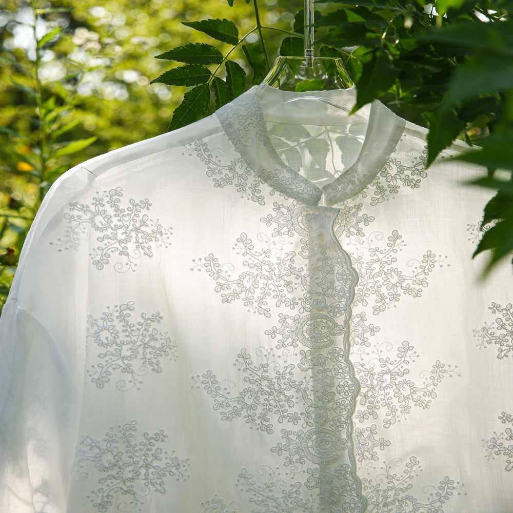 Xiaohan Pavilion Heavy relief pattern full ramie embroidery literary shirt female gentle temperament top spring and autumn image 4