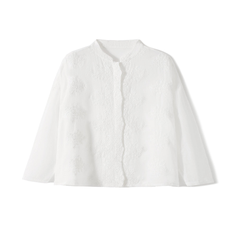 Xiaohan Pavilion Heavy relief pattern full ramie embroidery literary shirt female gentle temperament top spring and autumn image 5
