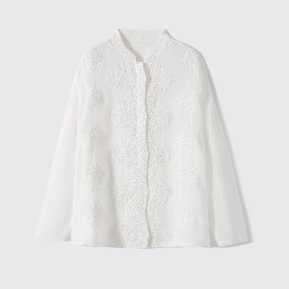 Xiaohan Pavilion Heavy relief pattern full ramie embroidery literary shirt female gentle temperament top spring and autumn image 10