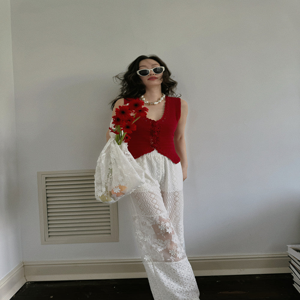 TOP home hazy beauty French romantic retro irregular micro carved hollow lace splicing trousers bag women image 21