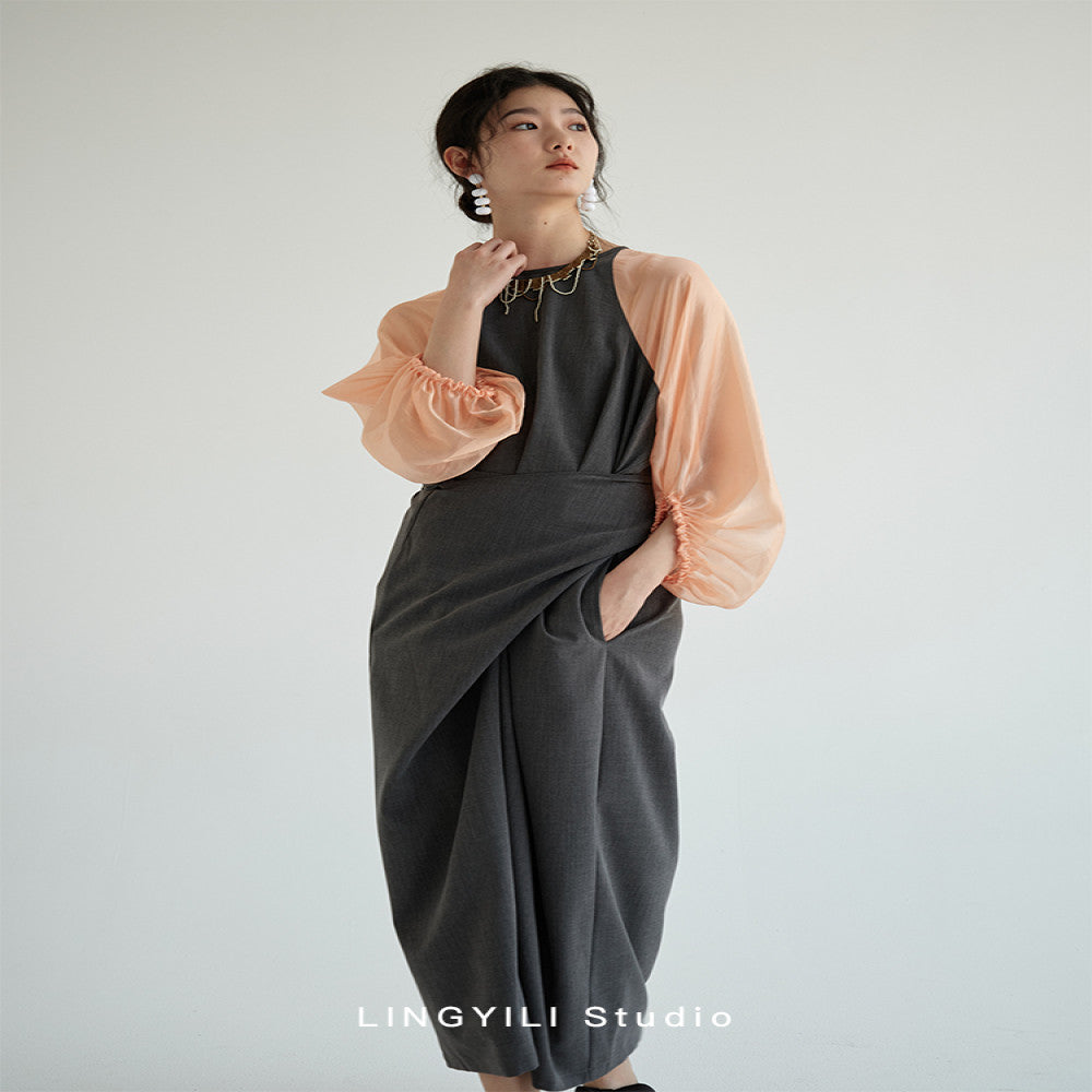 LINGYLI Xia original color blocking splicing unlimited body shape adjustable waist straps lantern sleeves sheer dress image 2