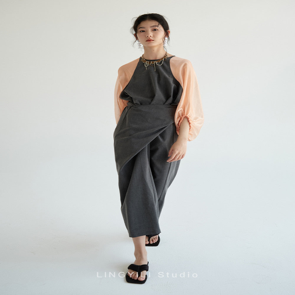 LINGYLI Xia original color blocking splicing unlimited body shape adjustable waist straps lantern sleeves sheer dress image 4