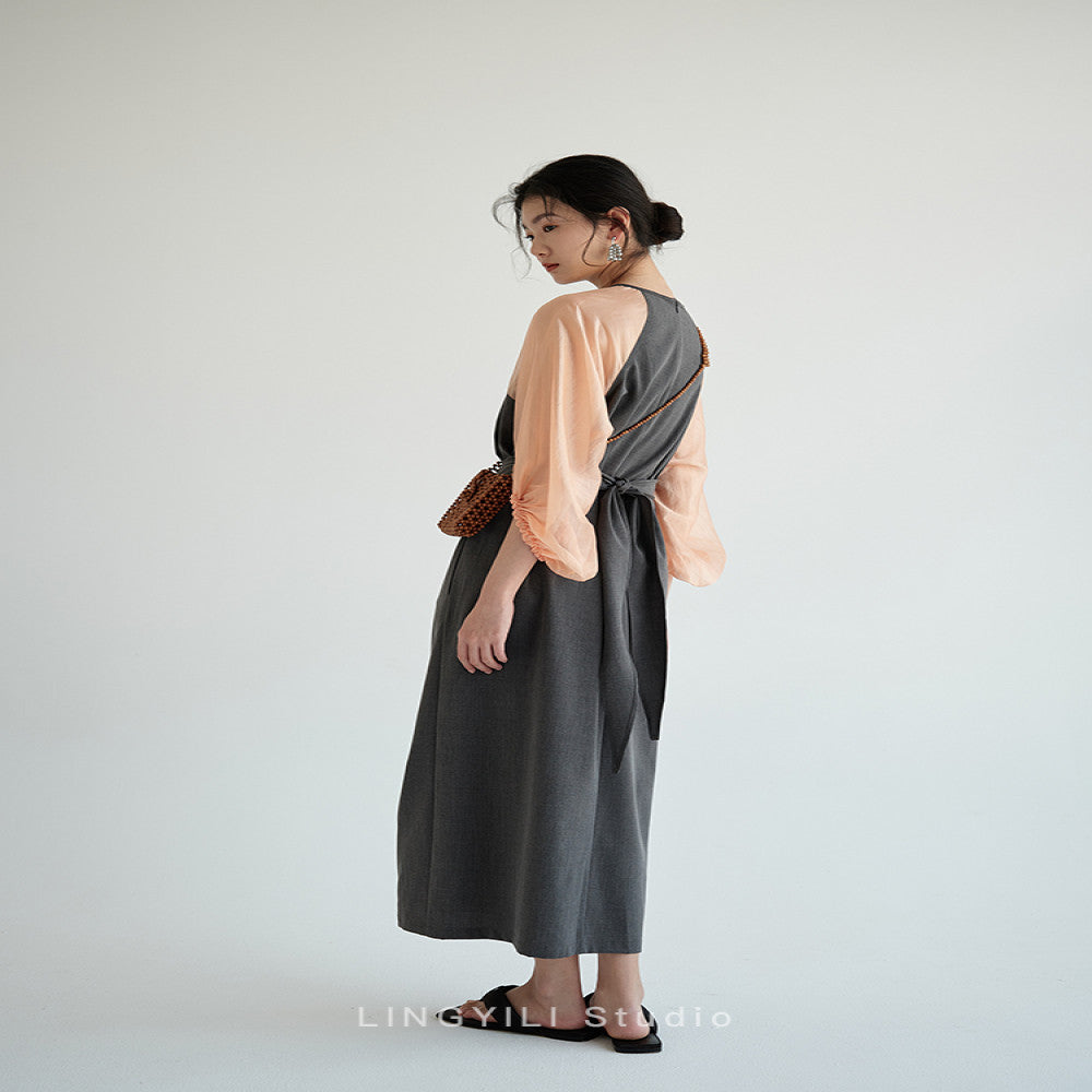 🏮ASAYA-3781 Contrast Color Stitching Lantern Sleeve Dress