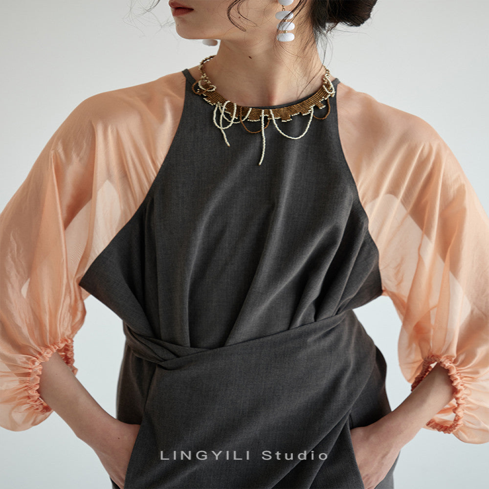 LINGYLI Xia original color blocking splicing unlimited body shape adjustable waist straps lantern sleeves sheer dress image 13