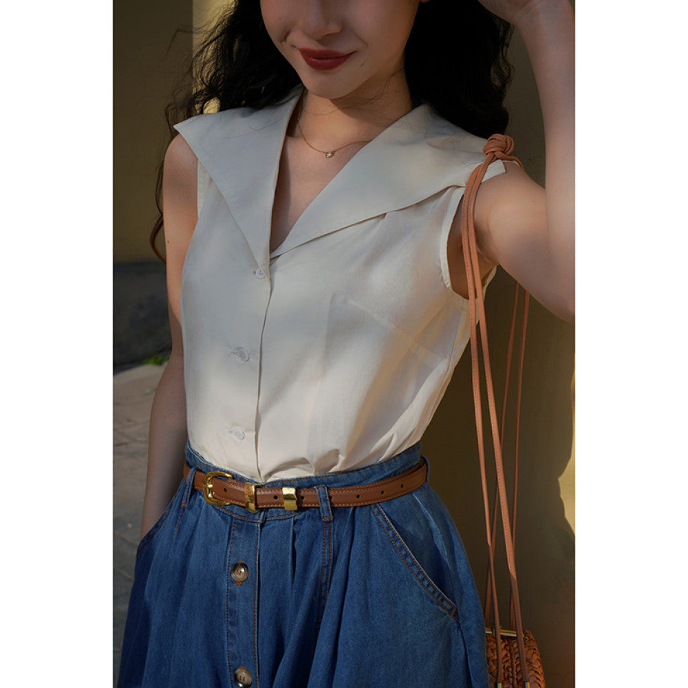 Ching s French Retro Colorful Large Collar Shirt Cool and Exquisite Versatile Small Shirt Sleeveless Commuter Top Summer image 14