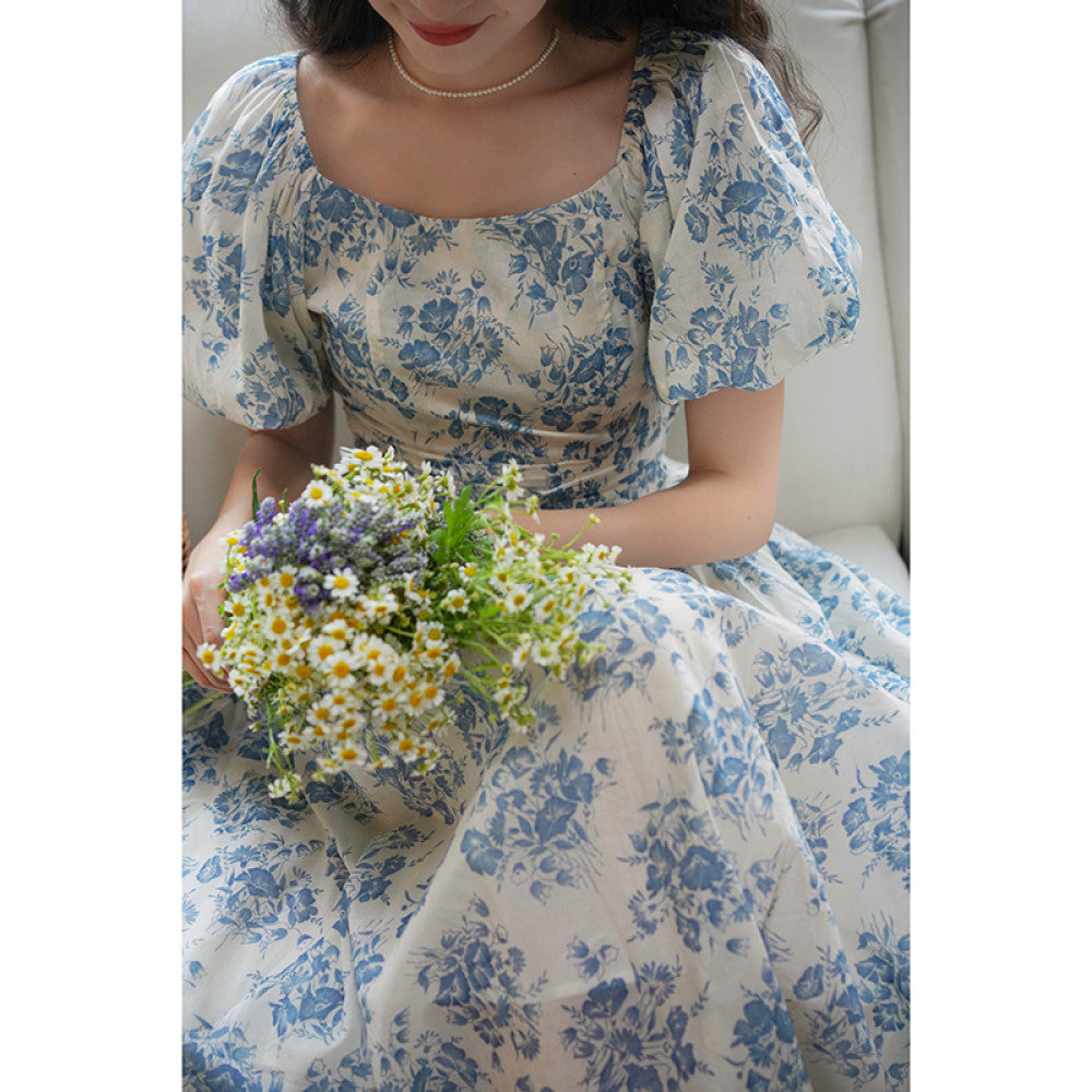 Chings French retro one neck printed dress with Hepburn style high waist slimming bubble sleeves cotton A line skirt image 20