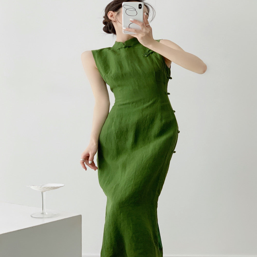 Srose moss green retro original new Chinese style improved daily cheongsam skirt Chinese style linen dress 2024 new style image 4