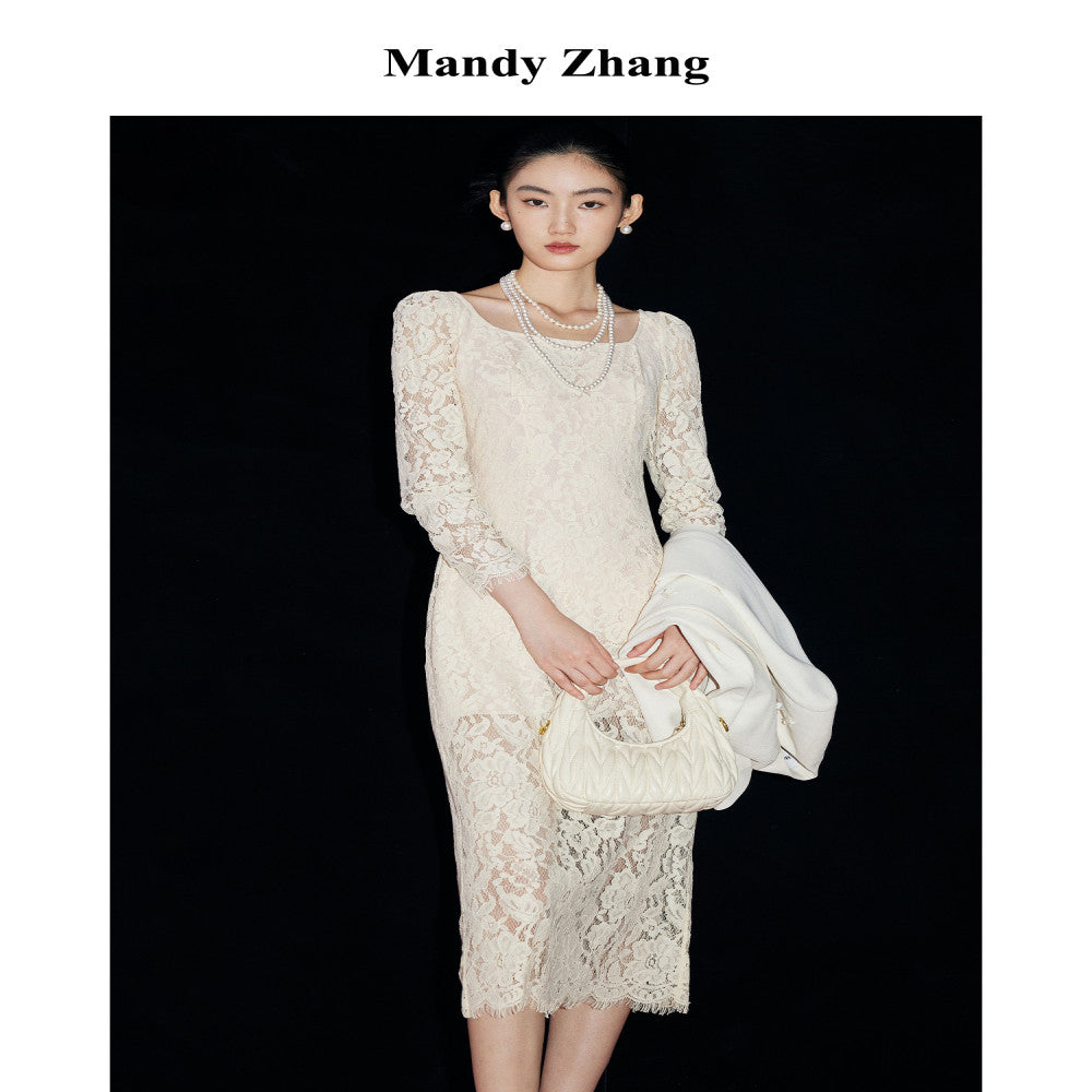 MandyZhang white heavy lace dress female summer French style light luxury temperament slim engagement dress skirt image 2