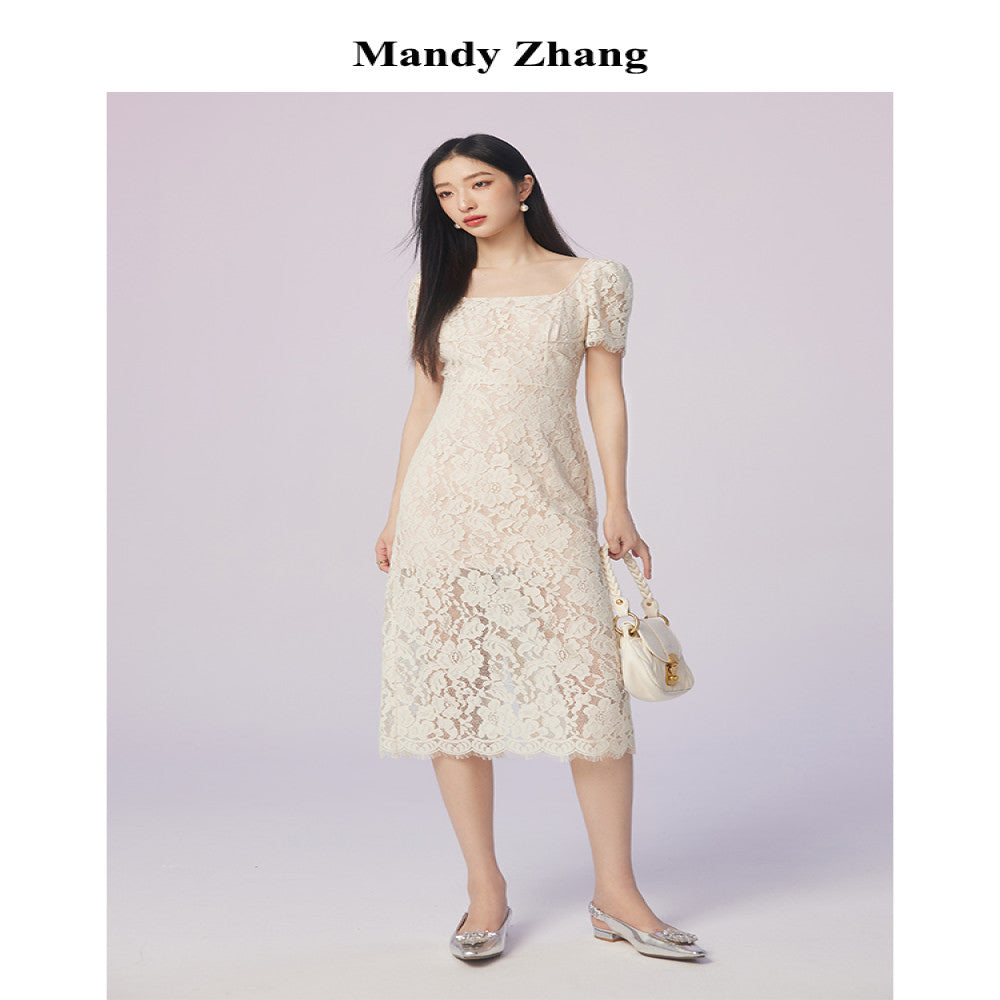 MandyZhang white heavy lace dress female summer French style light luxury temperament slim engagement dress skirt image 3