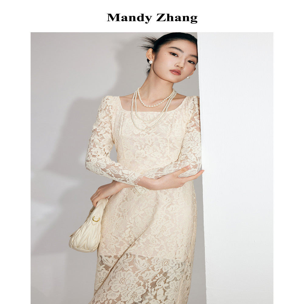 MandyZhang white heavy lace dress female summer French style light luxury temperament slim engagement dress skirt image 4
